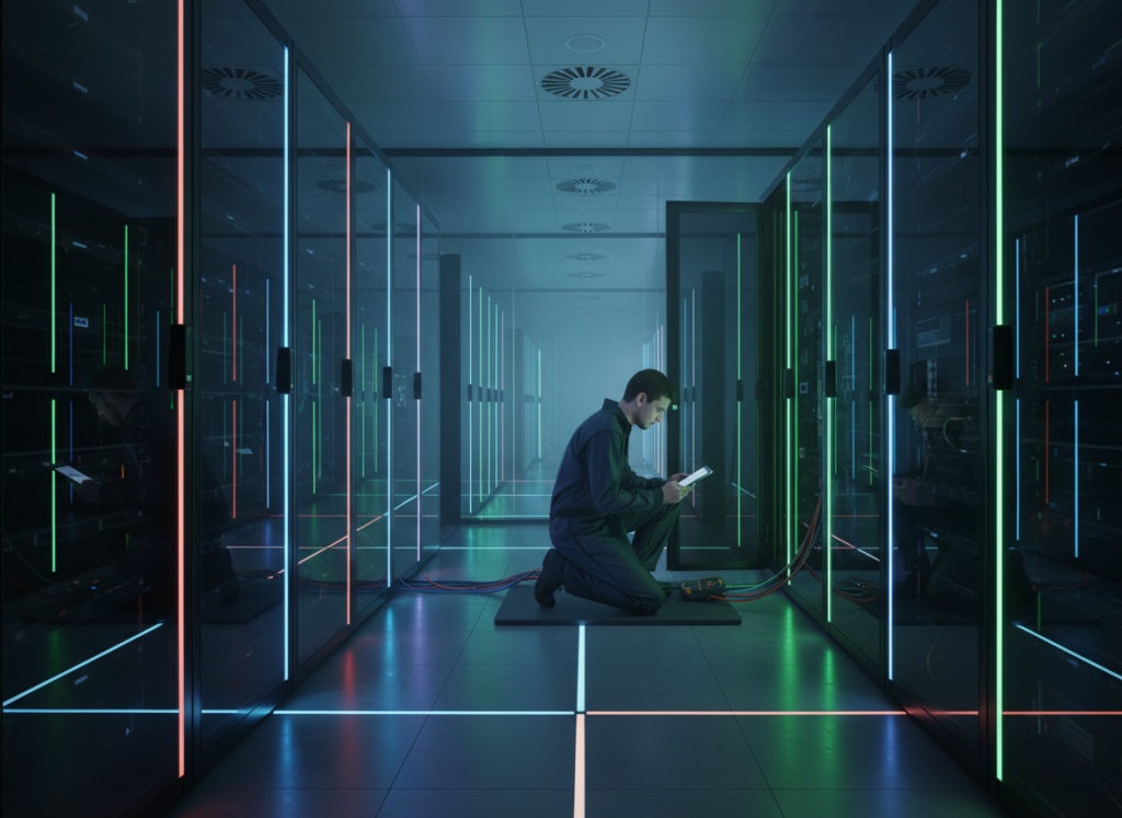 Sleek office server room with glowing LED racks and an engineer performing system checks
