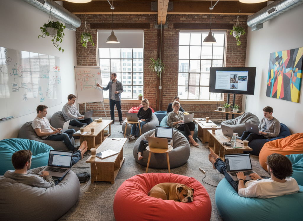 Team collaboration space with beanbags, laptops, and a relaxed tech-startup vibe