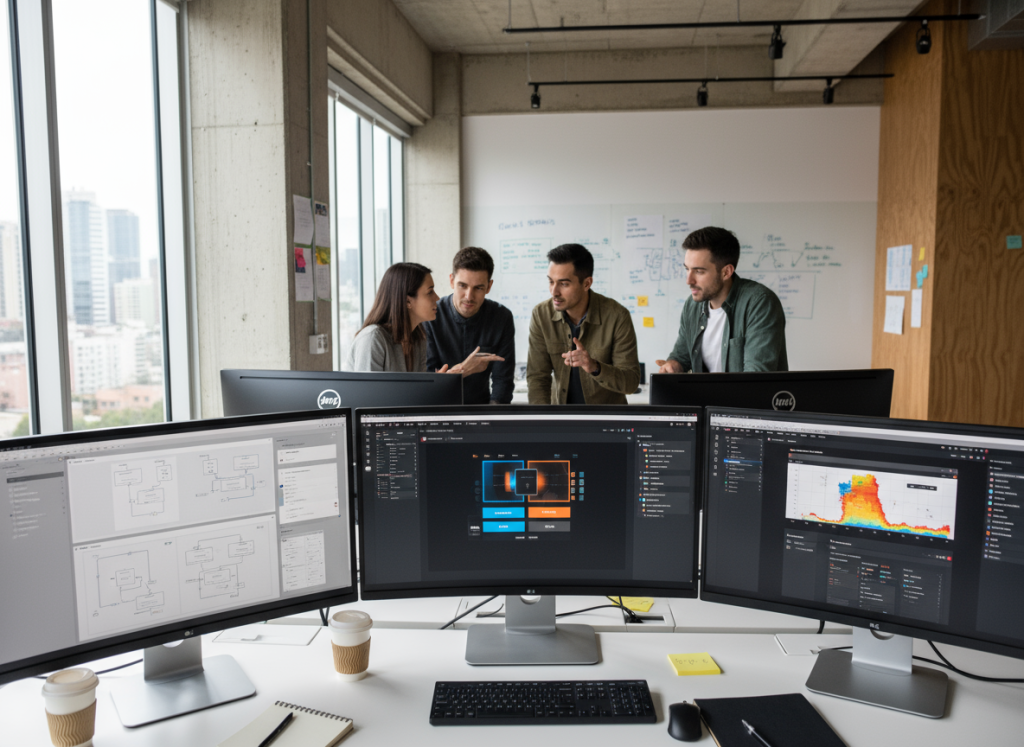 UX/UI designers working on large monitors with wireframes and prototypes visible