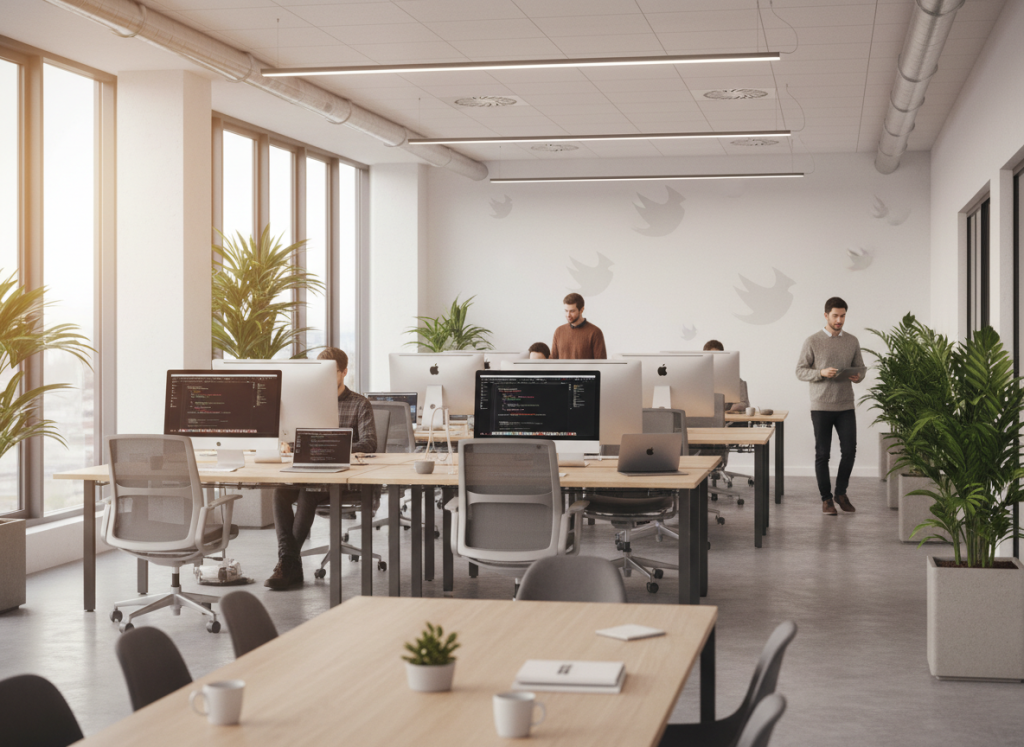 “Ultra-modern open-plan software development office, all engineers using the latest MacBook Pros and Studio Displays, soft natural light from floor-to-ceiling windows, white walls with subtle Swift logos, plants, standing desks, calm minimalist Scandinavian design, developers focused on code, cinematic color grading, hyper-realistic, natural lighting