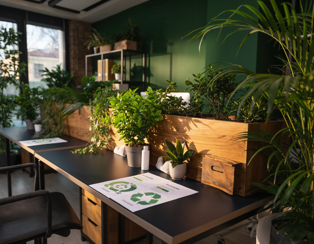 Green office with plants, sustainability reports, and natural light.