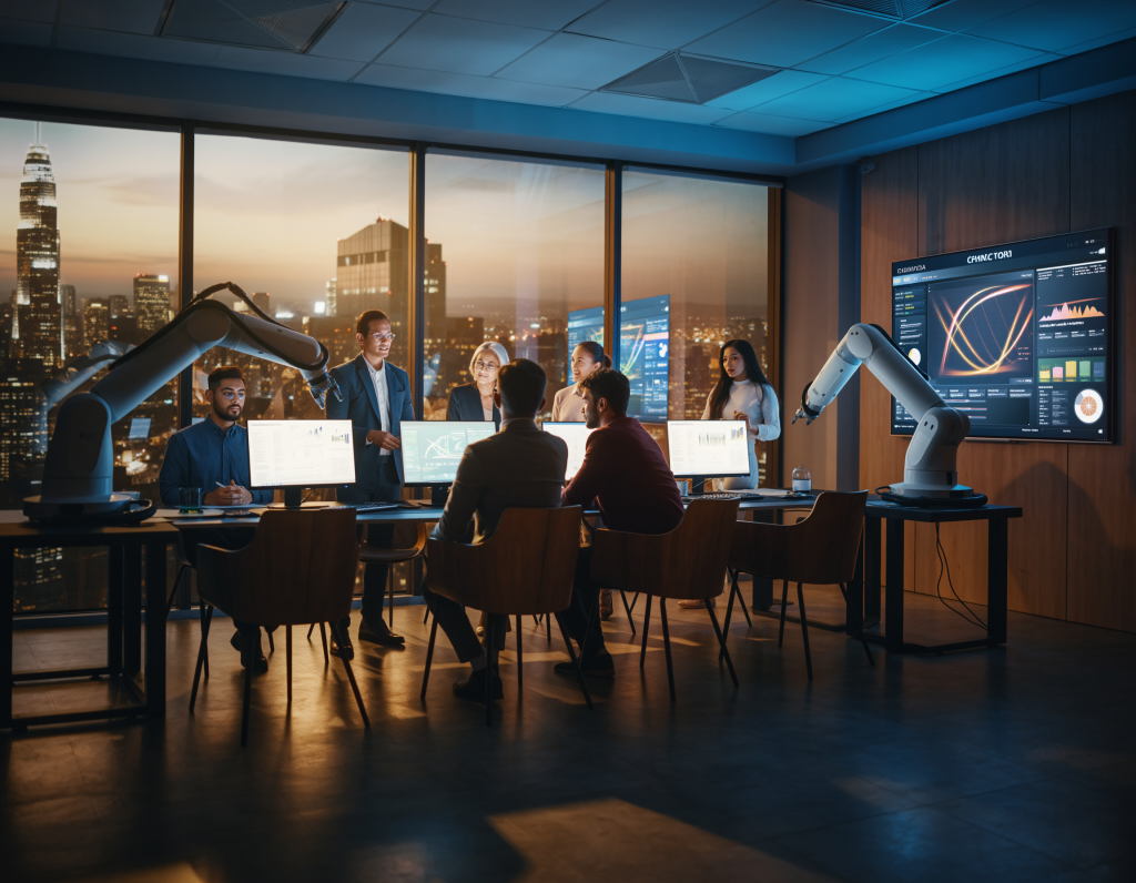 Group of IT executives in a brainstorming session using AI-powered smart boards to sketch digital twin models of company infrastructure, surrounded by robotic arms demonstrating automation, glass walls overlooking a city skyline at dusk, innovative and vibrant atmosphere, realistic rendering with depth of field.