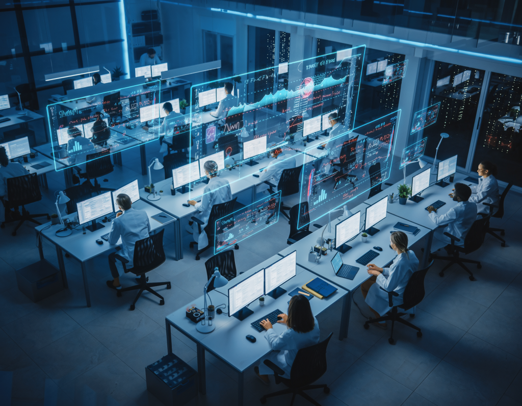 High-tech AI lab office, holographic displays, whiteboards with algorithms, researchers in lab coats, RGB keyboard glow, futuristic