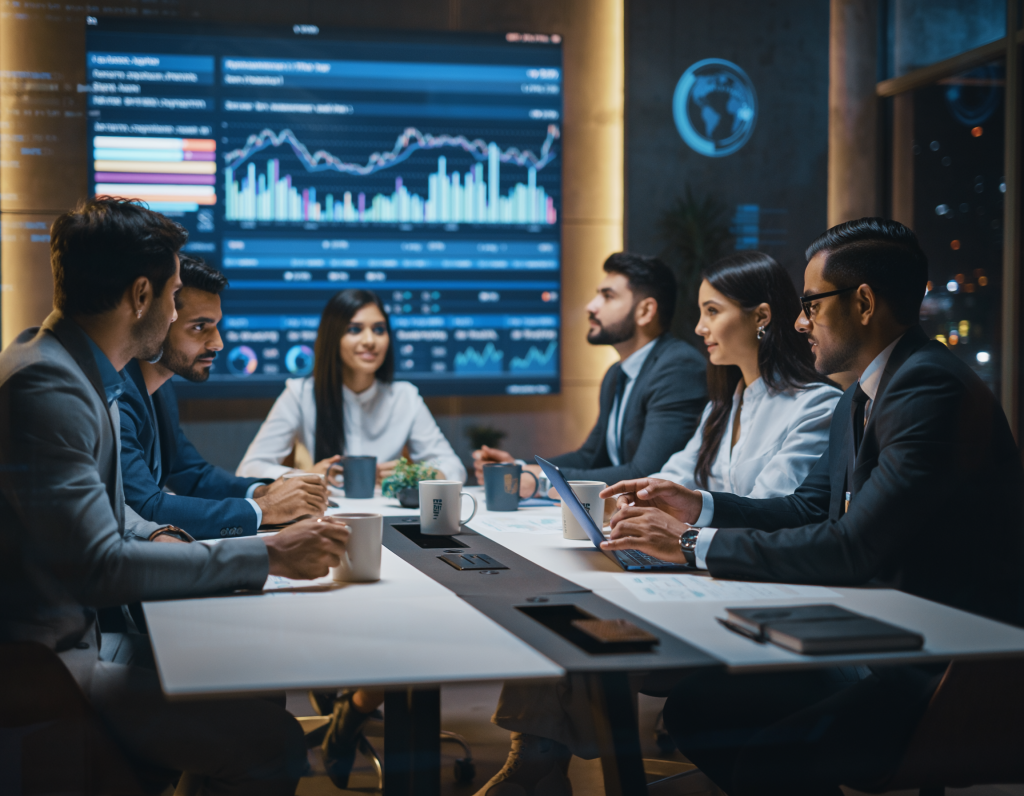 IT company CEOs in a strategy meeting analyzing digitalization metrics on a wall-sized LED display showing predictive analytics and NFT integrations, coffee mugs with company logos, diverse multicultural team, ambient cyberpunk lighting with holographic elements, professional photography style, 8k.