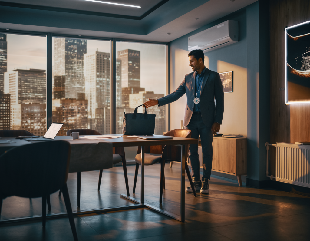 IT consultant at client site, laptop bag, presenting security audit, boardroom, suit and sneakers, city view, professional