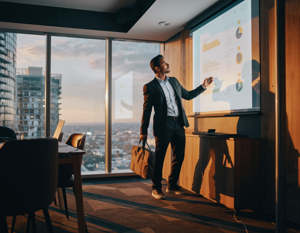 IT consultant at client site, laptop bag, presenting security audit, boardroom, suit and sneakers, city view, professional