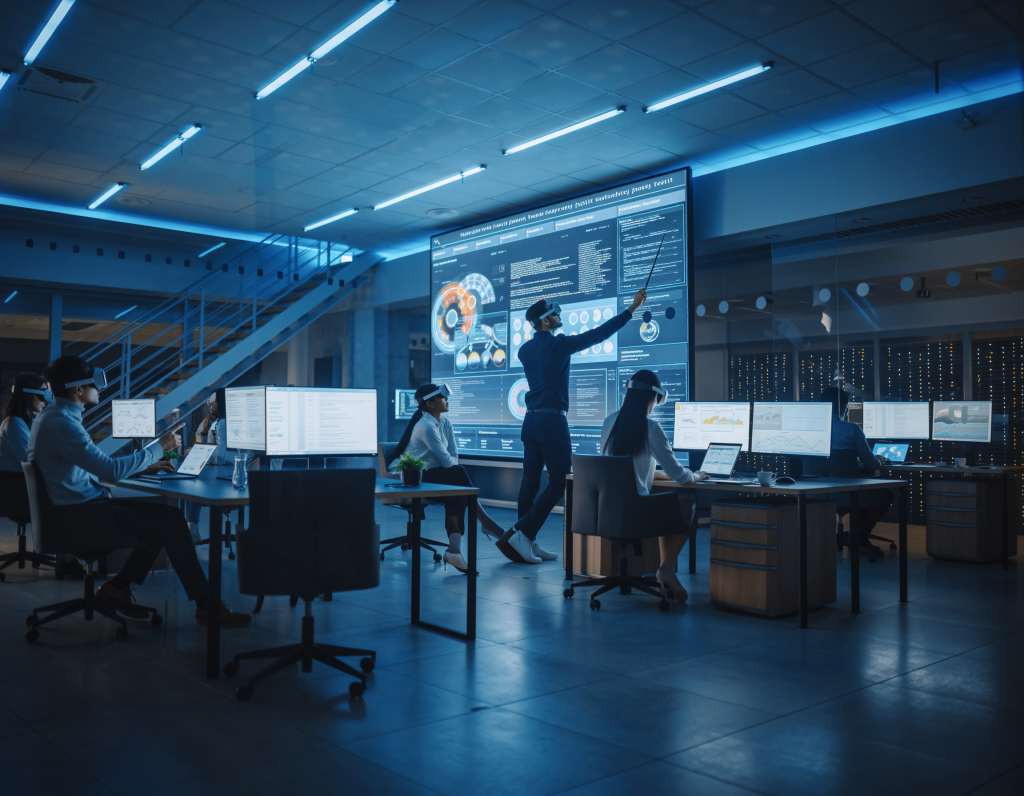 IT management team in an open-plan office collaborating on digital transformation strategies, one leader pointing at a massive interactive touchscreen with VR prototypes and blockchain visualizations, laptops and tablets scattered, augmented reality glasses in use, futuristic lighting with blue LED strips, highly detailed, cinematic style.