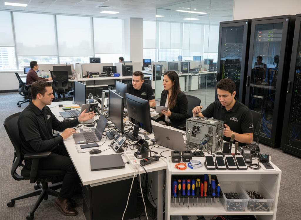 IT support desk area with technicians assisting employees and hardware tools neatly arranged.