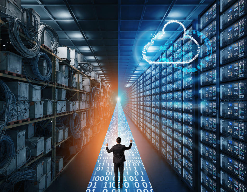 Man standing between traditional data storage systems and advanced digital cloud storage, representing transition to modern data infrastructure