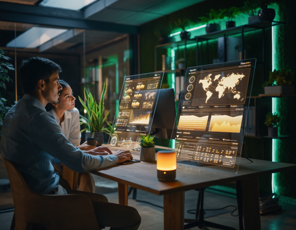 Male and female IT managers reviewing quarterly reports on transparent OLED screens in a eco-friendly green office, integrating IoT devices like smart plants and voice-activated assistants, charts of big data flows and machine learning algorithms visualized, contemporary design with sustainable materials, photorealistic, high dynamic range.