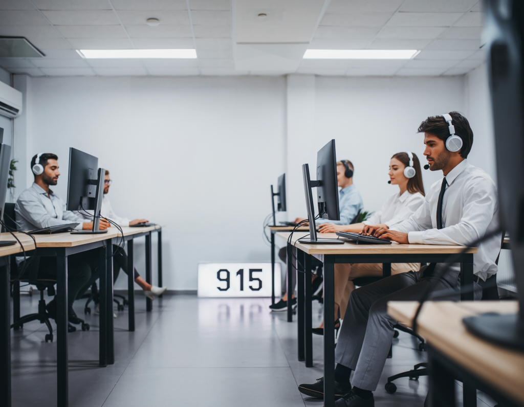 Minimalist corporate office, white walls, sleek standing desks, noise-canceling headphones, focused employees typing, large digital clock showing 9:15 AM