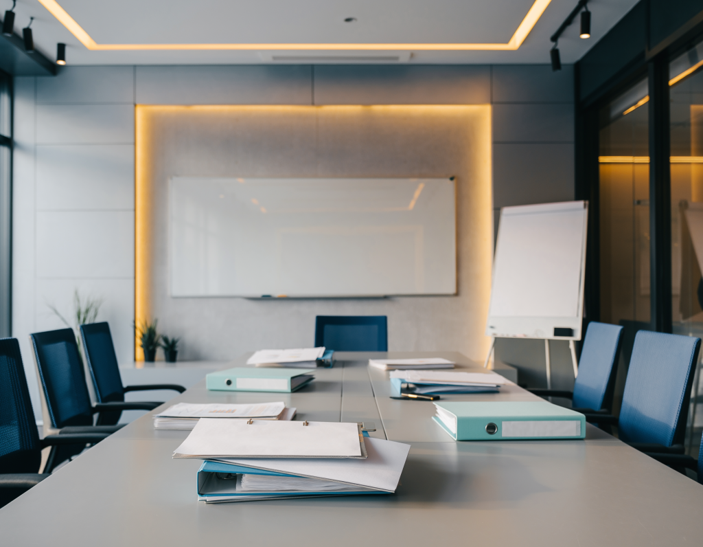 Clean desk with laptop, passport, and organized documents.