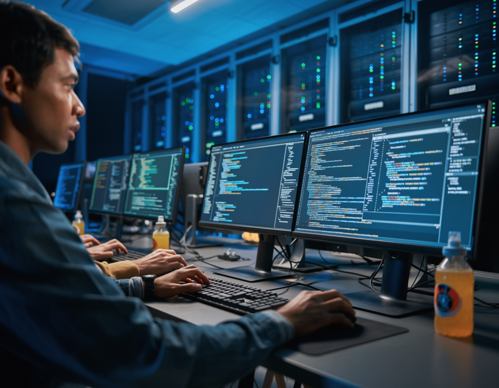 Night shift in tech office, blue LED lighting, developers coding on ultrawide monitors, energy drinks, server racks in background, cyberpunk vibe, cinematic