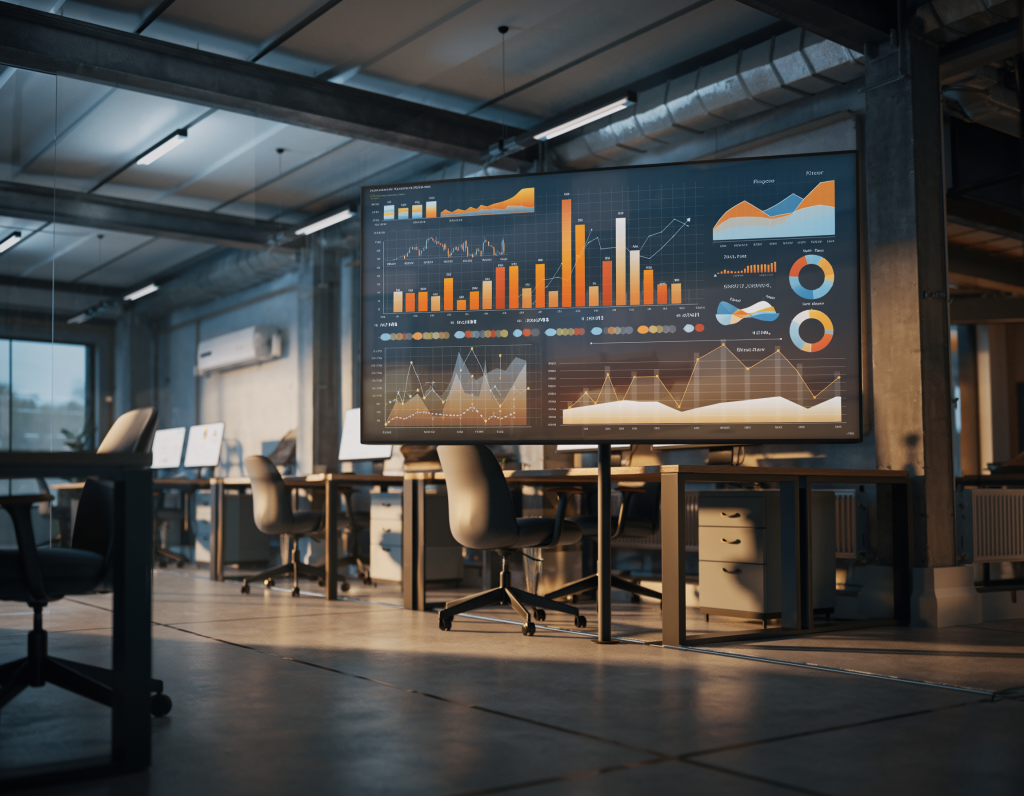 Open workspace with large screen displaying charts and data.