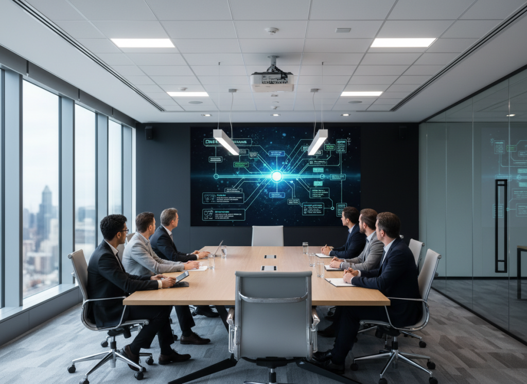 Professional conference room with a projector screen showing data architecture diagrams.