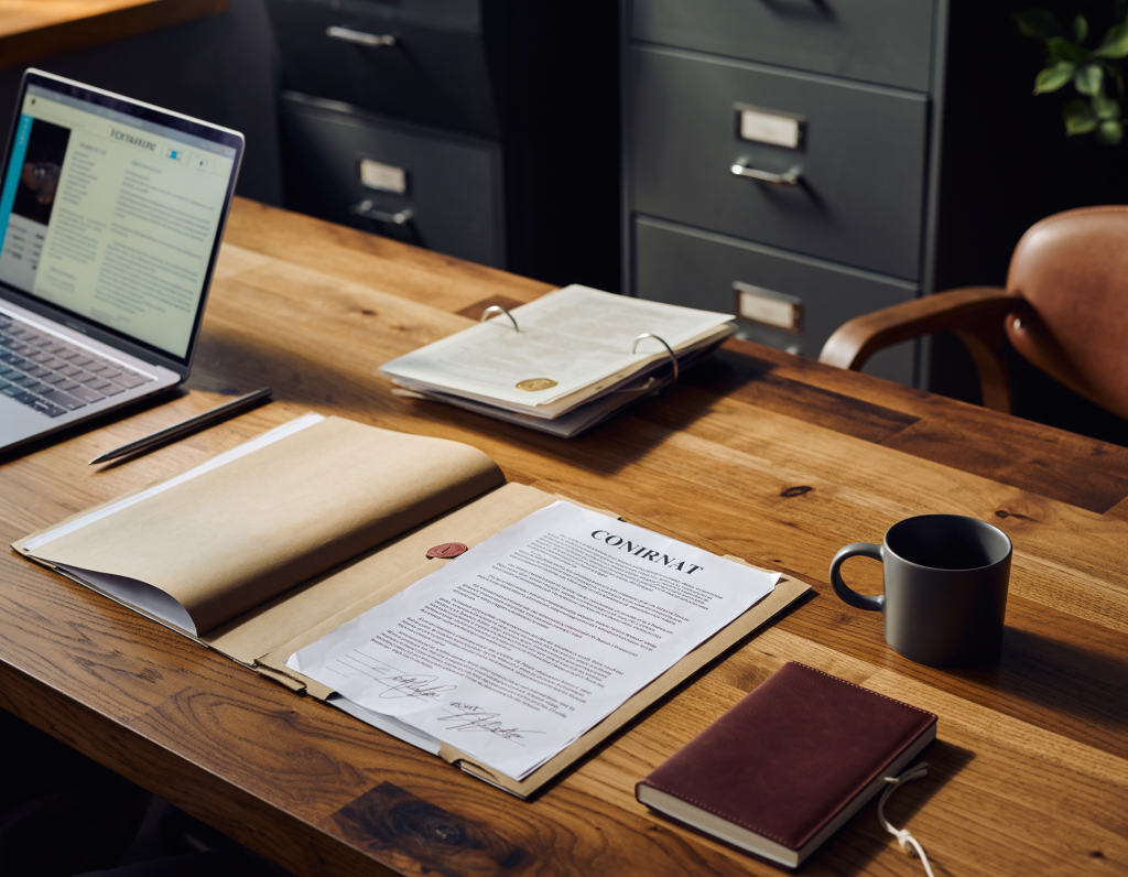 Professional desk with contracts, laptop, and secure file cabinet.