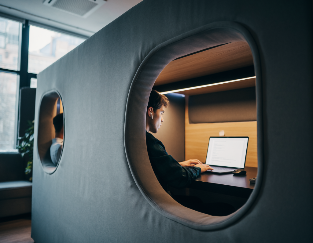 Quiet library-style office corner, noise-proof pods, focused worker with AirPods, laptop, noise-canceling partition, soft daylight