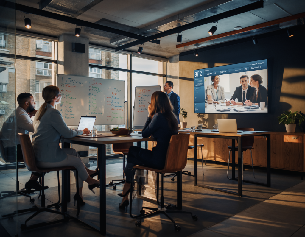 Remote hybrid meeting room, 85-inch screen showing Zoom grid, whiteboards with KPIs, adjustable height tables, natural light, professional attire,