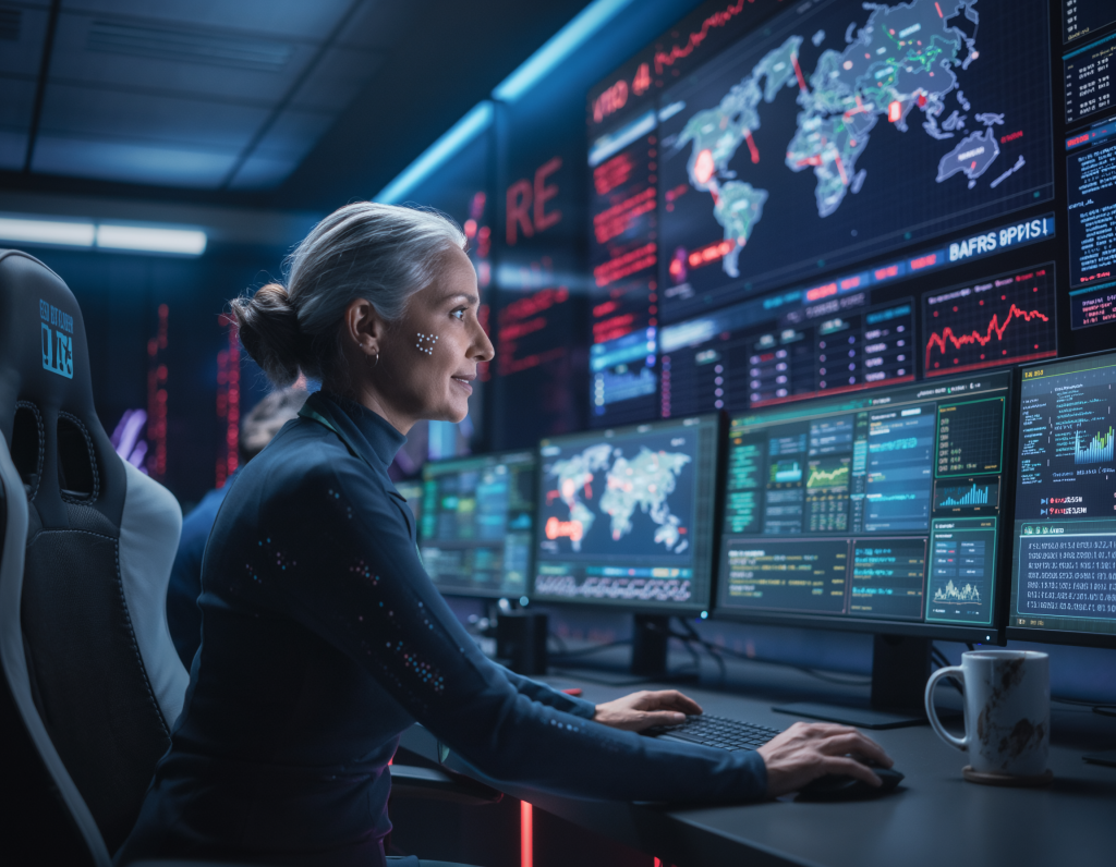 Senior cybersecurity analyst in dark-mode war room, wall of monitors showing threat maps, red alerts, coffee-stained mug, intense focus, cyberpunk aesthetic
