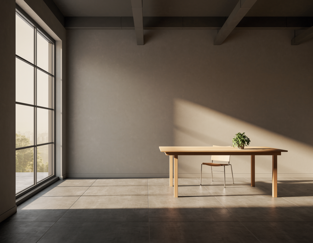 Bright open office. Large window, soft blue light glow on wall, single wooden table, one laptop (closed), one small plant.