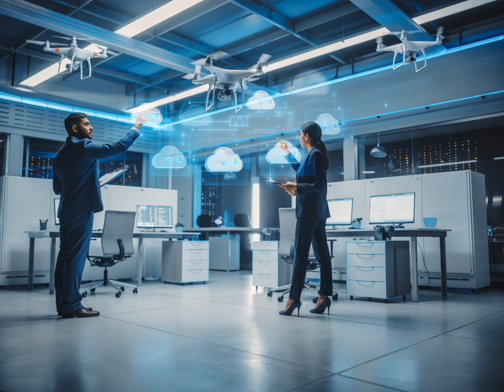 Young IT managers collaborating in a innovation lab, using gesture-controlled interfaces to manipulate cloud architecture diagrams in mid-air, surrounded by drones delivering documents and AR headsets, clean white space with pops of electric blue, futuristic and energetic, hyper-realistic, sharp details