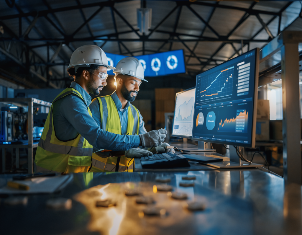 Two safety-geared industrial engineers in a high-tech manufacturing facility collaboratively analyzing real-time production metrics on large multi-monitor dashboards displaying graphs, charts, and performance analytics, surrounded by automated machinery and glowing blue interfaces.