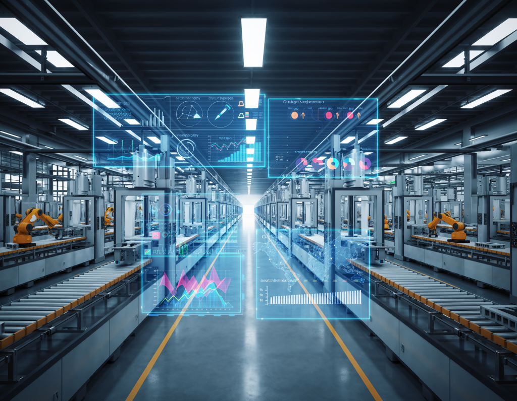 Futuristic smart factory hallway in a high-tech Industry 4.0 manufacturing plant, featuring parallel automated conveyor belt assembly lines with orange industrial robotic arms, illuminated by overhead lights and augmented with cyan holographic overlays of real-time analytics dashboards, interactive graphs, charts, and performance metrics.