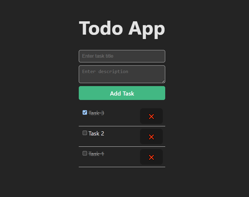 Todo App interface built with Laravel API and Vue 3 (Vite) showing task input fields and task list with add and delete options