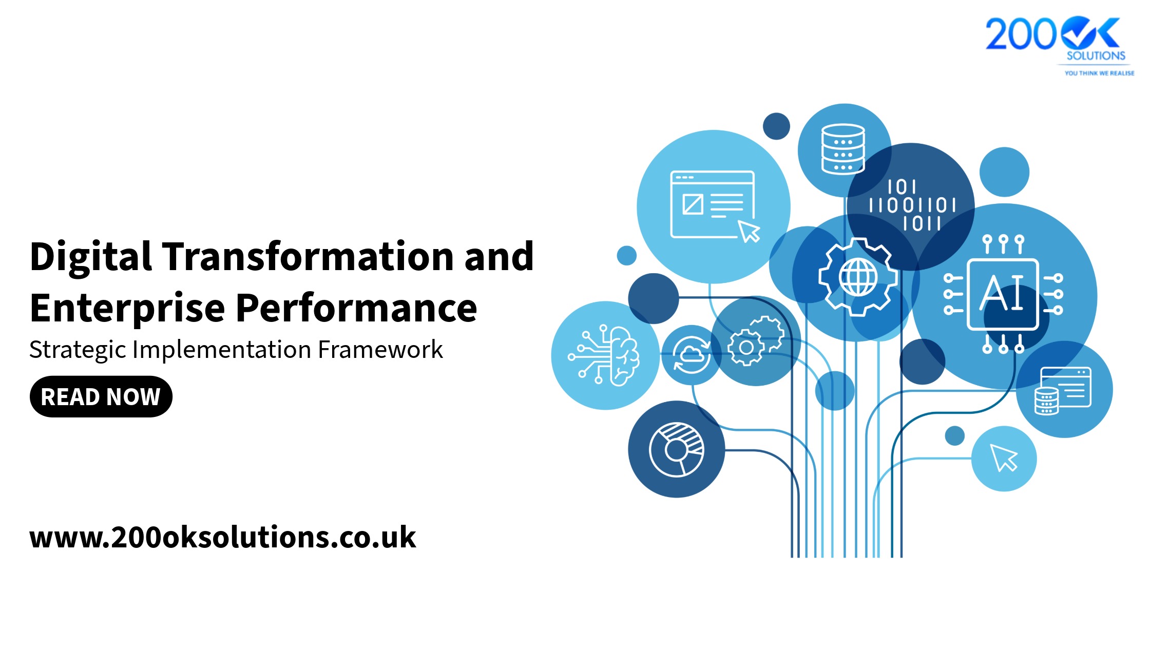 Digital transformation and enterprise performance framework with AI, cloud, and data integration icons – 200OK Solutions