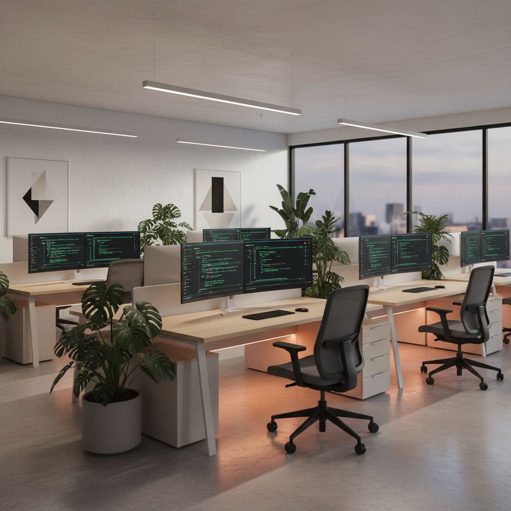 A sleek IT office with dual monitors, coding screens, ergonomic chairs, soft ambient lighting, and a minimal modern workspace aesthetic — ultra-realistic.