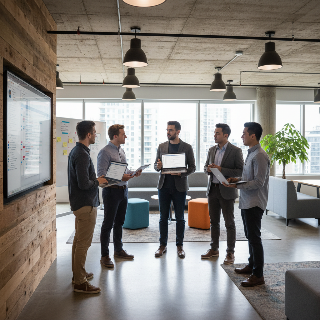 Agile scrum team doing a stand-up meeting, people holding laptops, active discussion, stylish contemporary office.