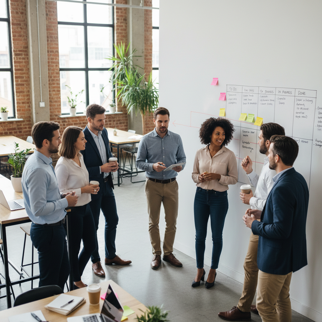 Agile team standup meeting, scrum board on wall, developers sharing updates, energetic office vibes.