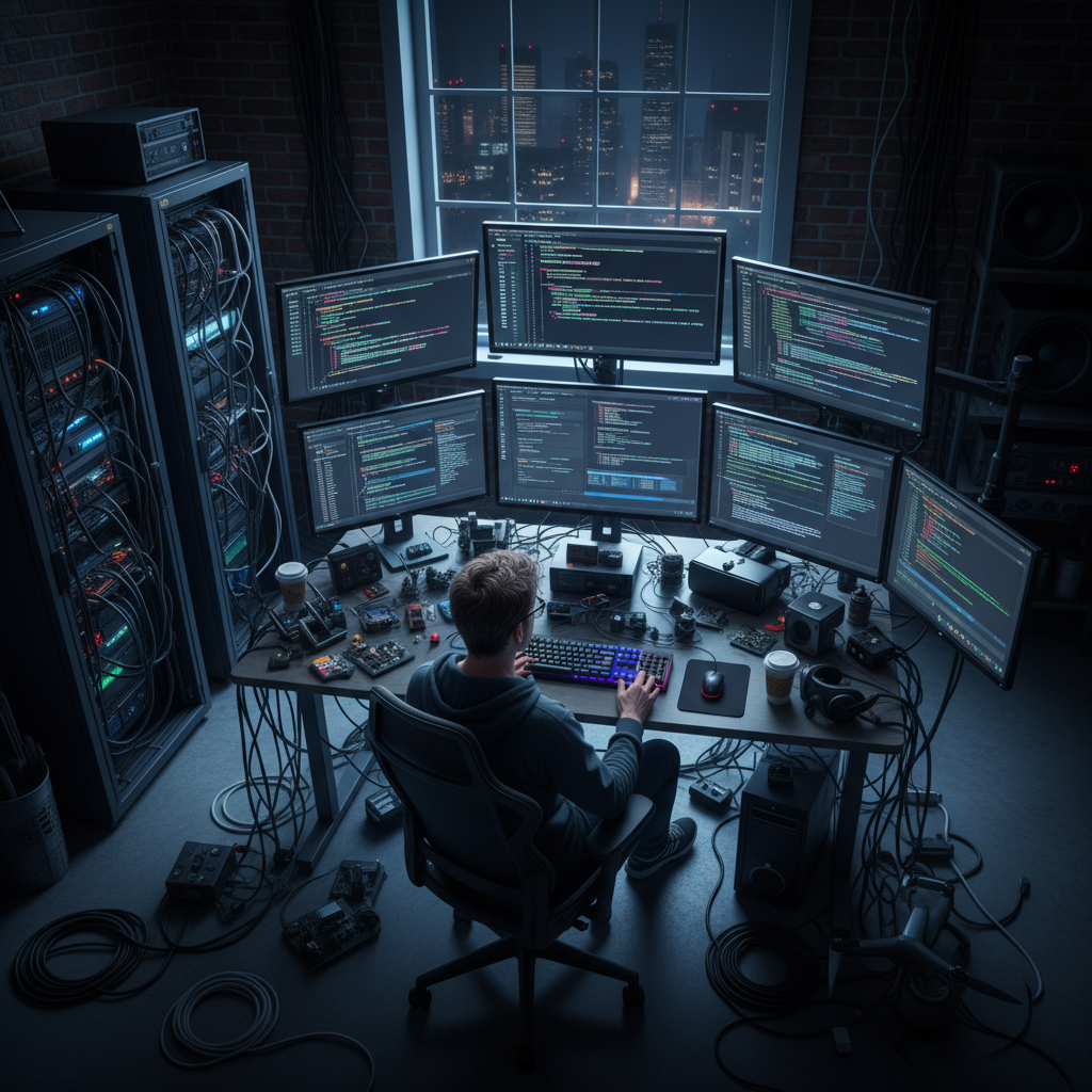 Busy tech workspace overview, programmer surrounded by several computer screens showing programming interfaces, servers racks in the corner, cables and gadgets on desk, dim blue lighting from monitors, professional atmosphere, photorealistic