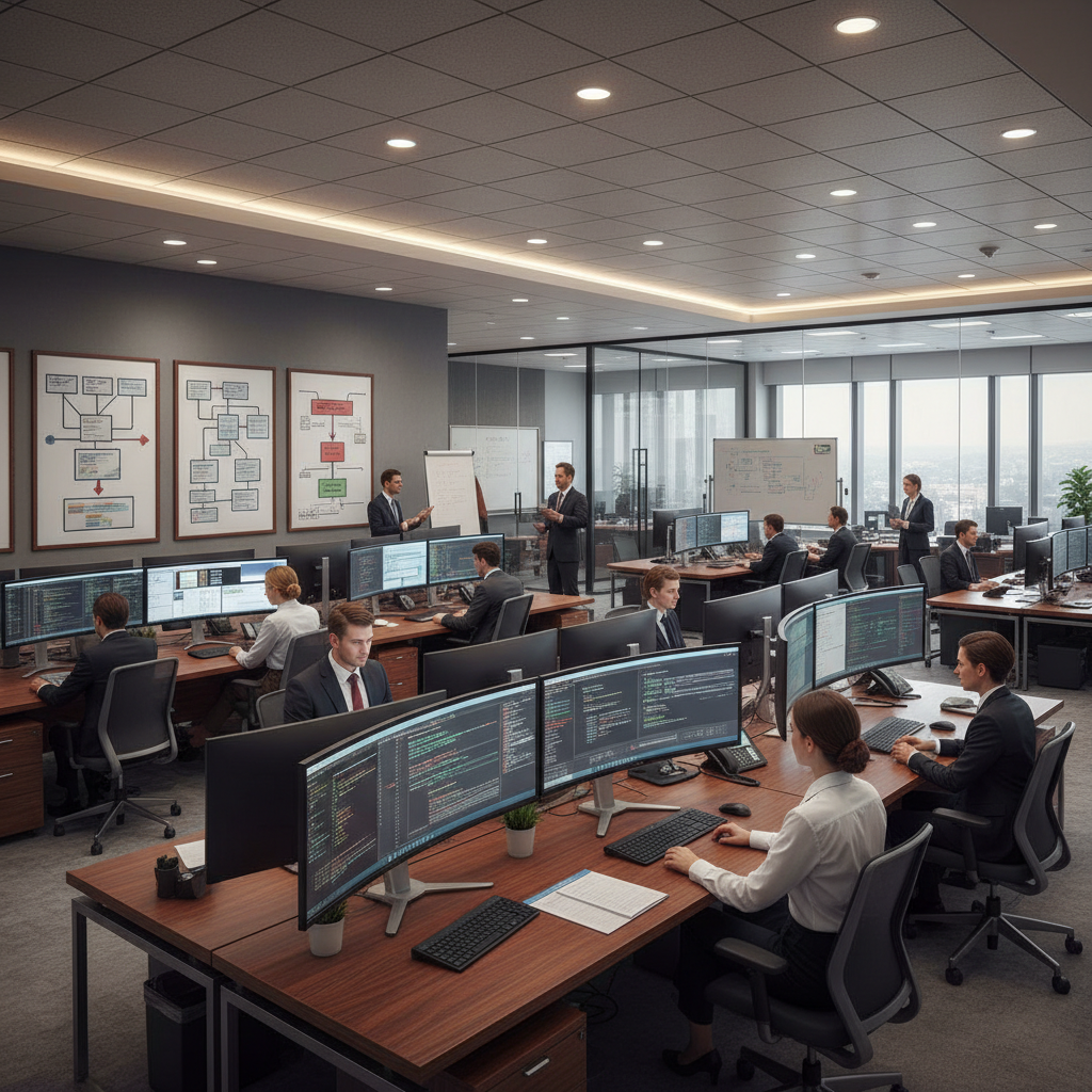 Corporate IT office with formal setup, employees in business attire, large monitors, workflow charts on walls, professional look.