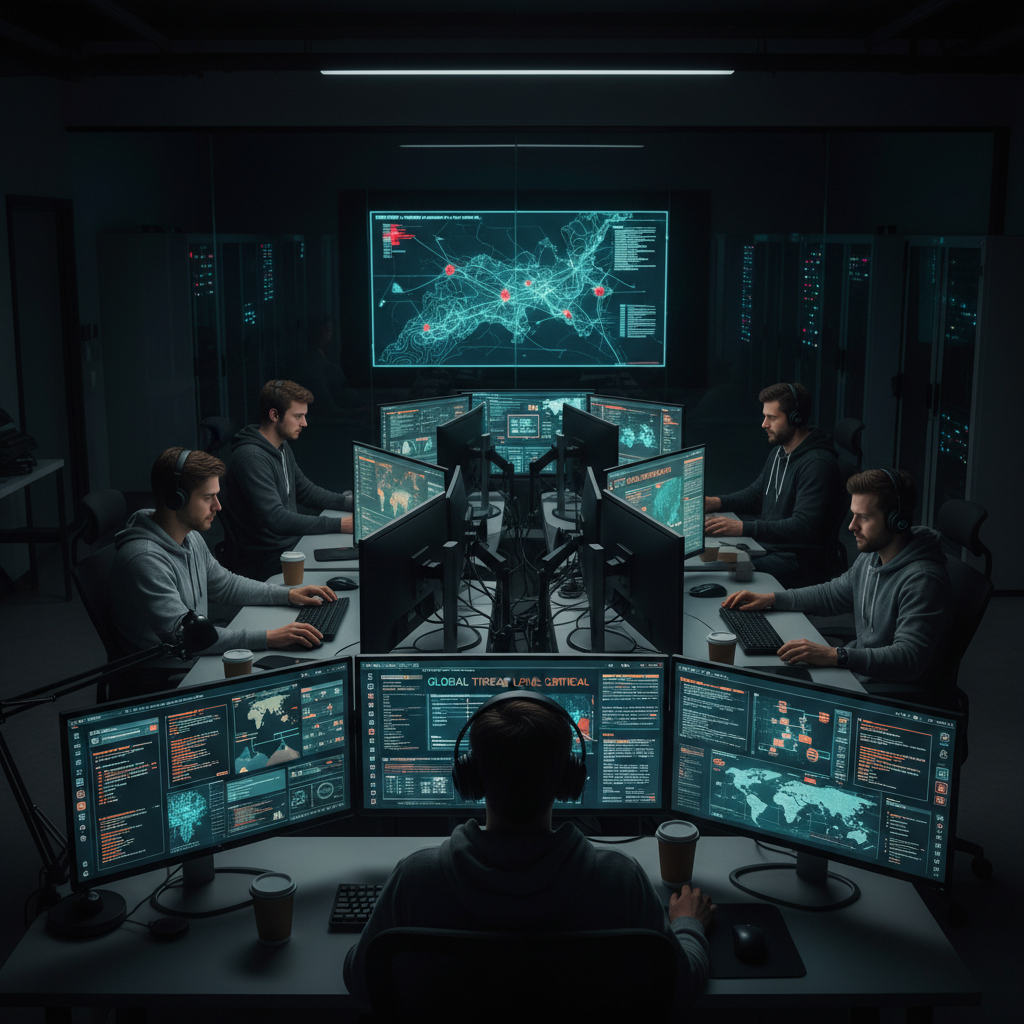 Cybersecurity analysts monitoring threat dashboards on large displays, dim office lighting, focused work atmosphere