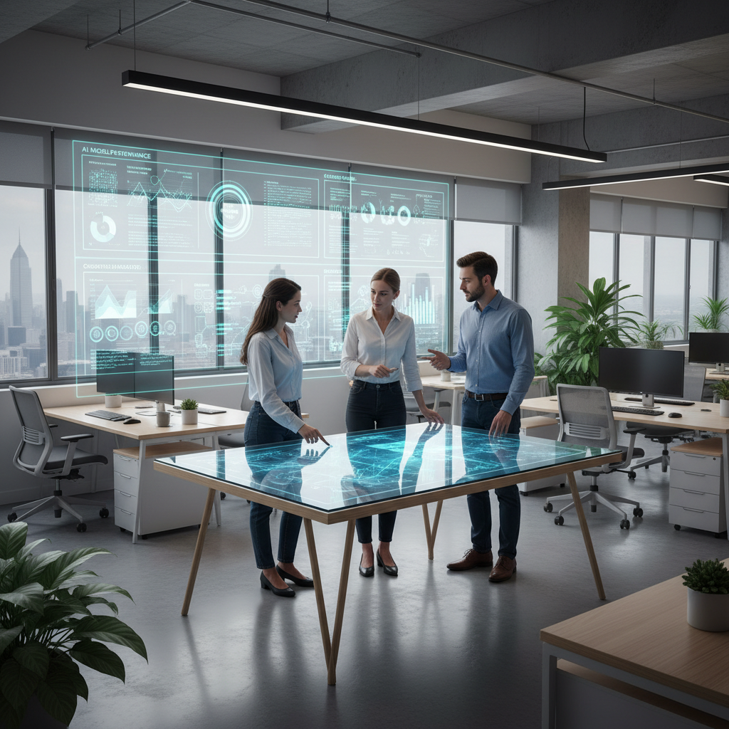 Data scientists discussing AI models and analytics dashboards in an IT office, clean modern design