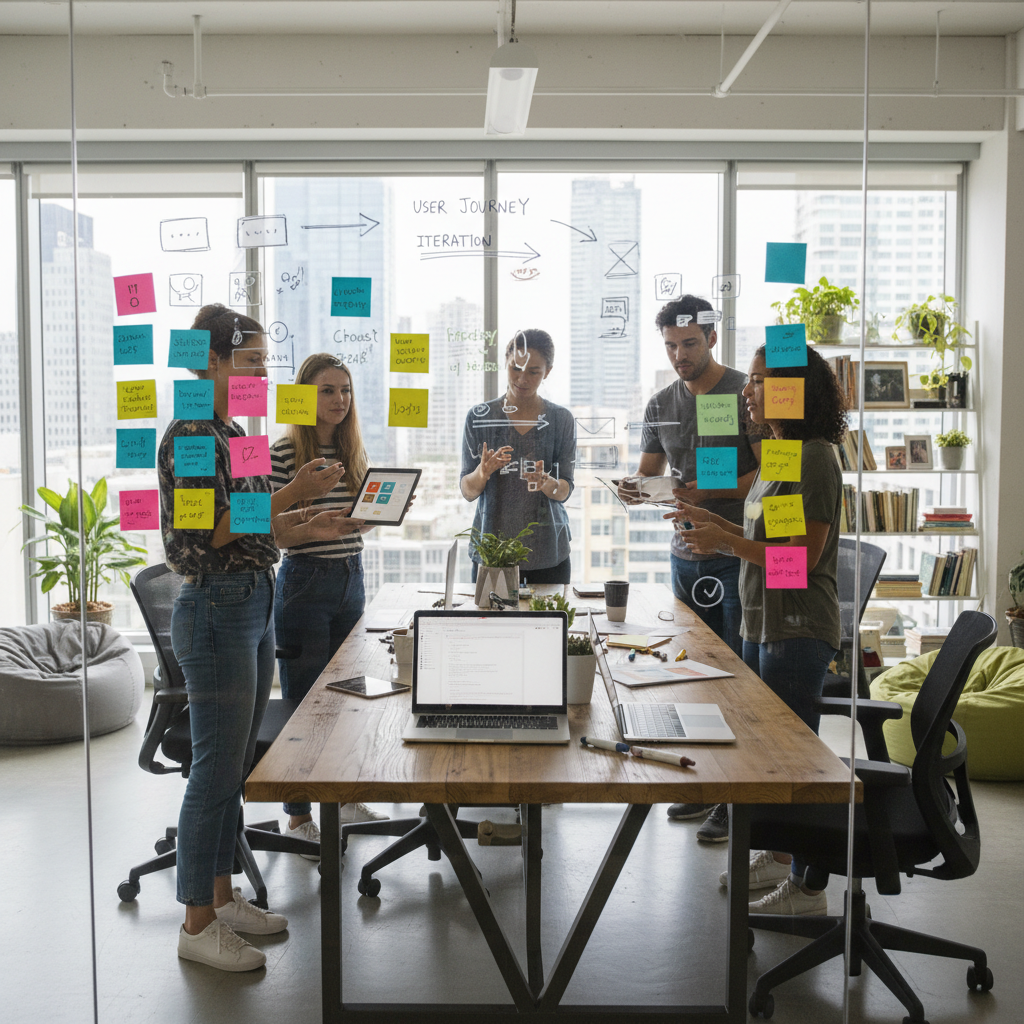Designers and developers brainstorming UI/UX ideas on a glass whiteboard, colorful sticky notes, creative tech office vibe