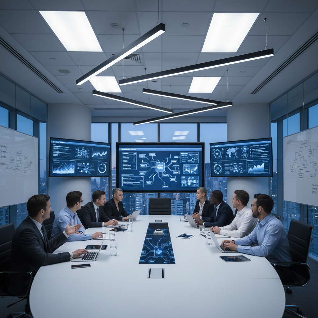 Executives and IT team discussing strategy in a boardroom, digital displays, corporate modern lighting