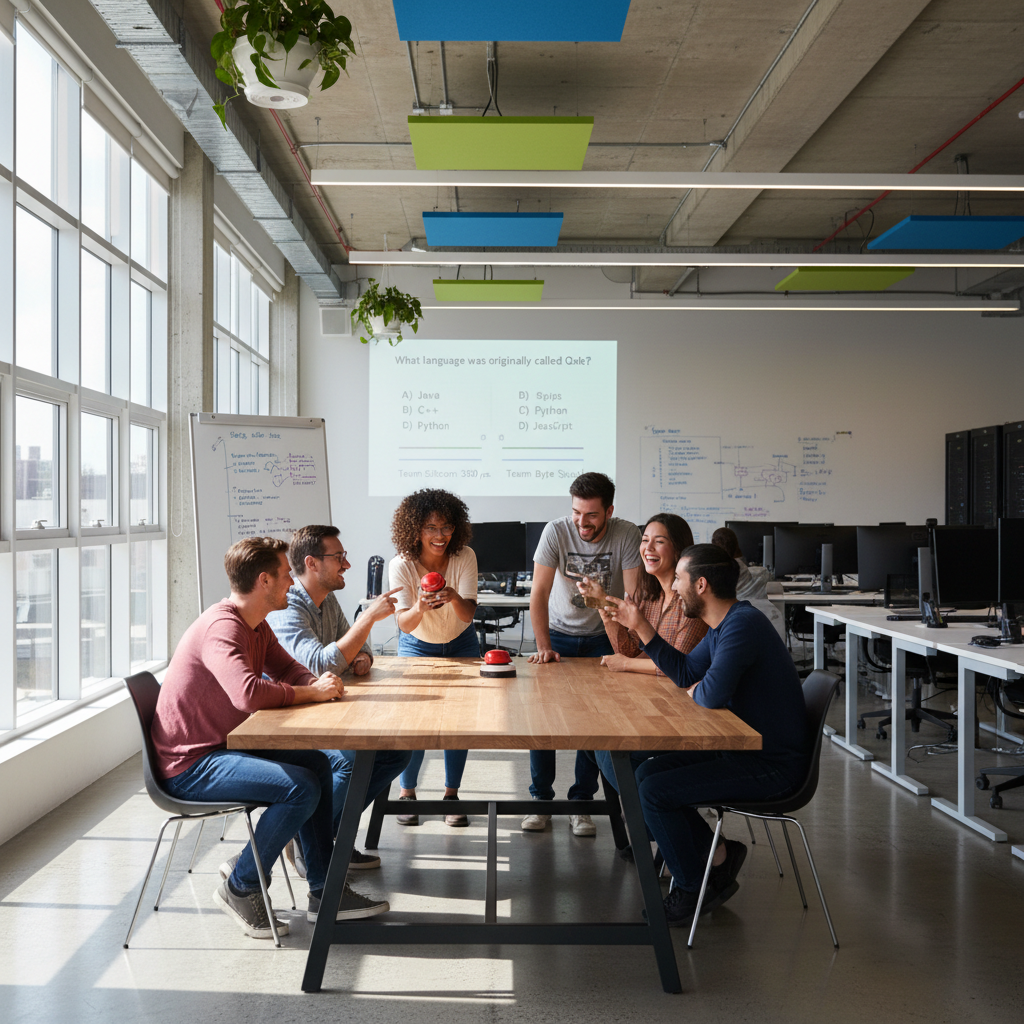 A group of diverse young IT professionals in a modern open-plan tech office, enthusiastically playing a team trivia game about programming languages and tech history, one person holding a buzzer, others laughing and high-fiving, computers and monitors in the background, bright lighting, vibrant and energetic atmosphere, realistic style