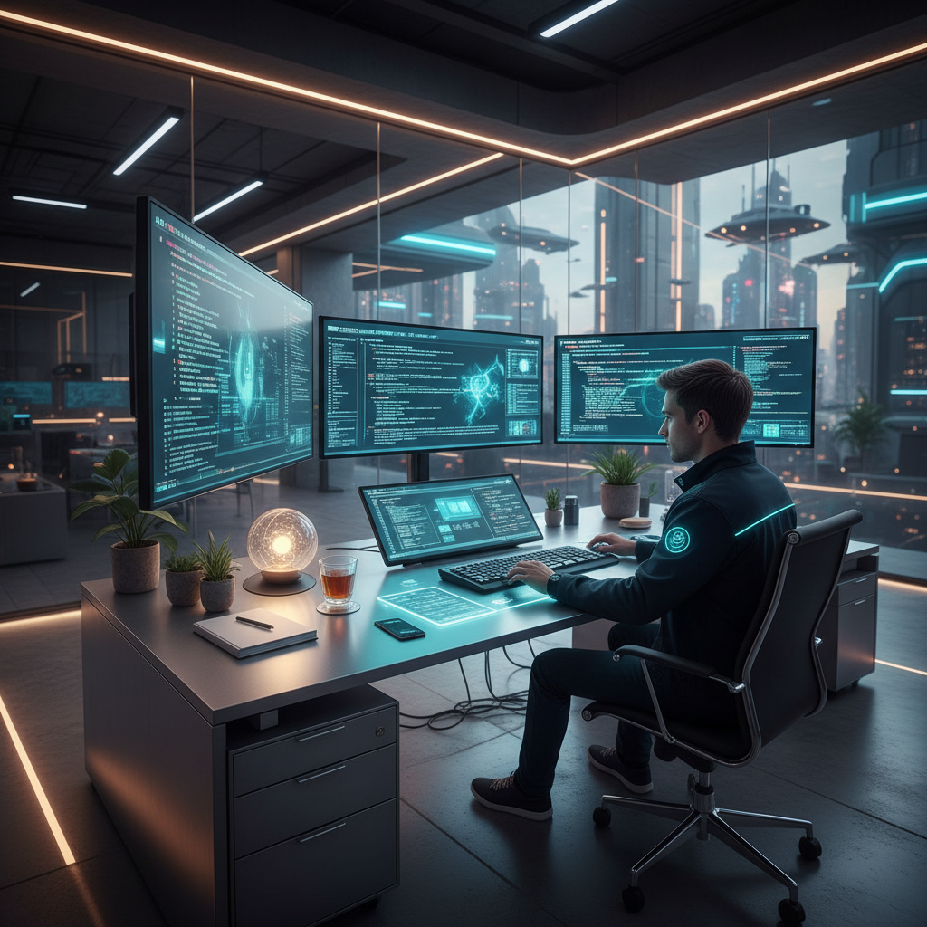 A software developer focused on coding, illuminated by multiple monitors, clean desk setup, warm lighting, futuristic tech environment