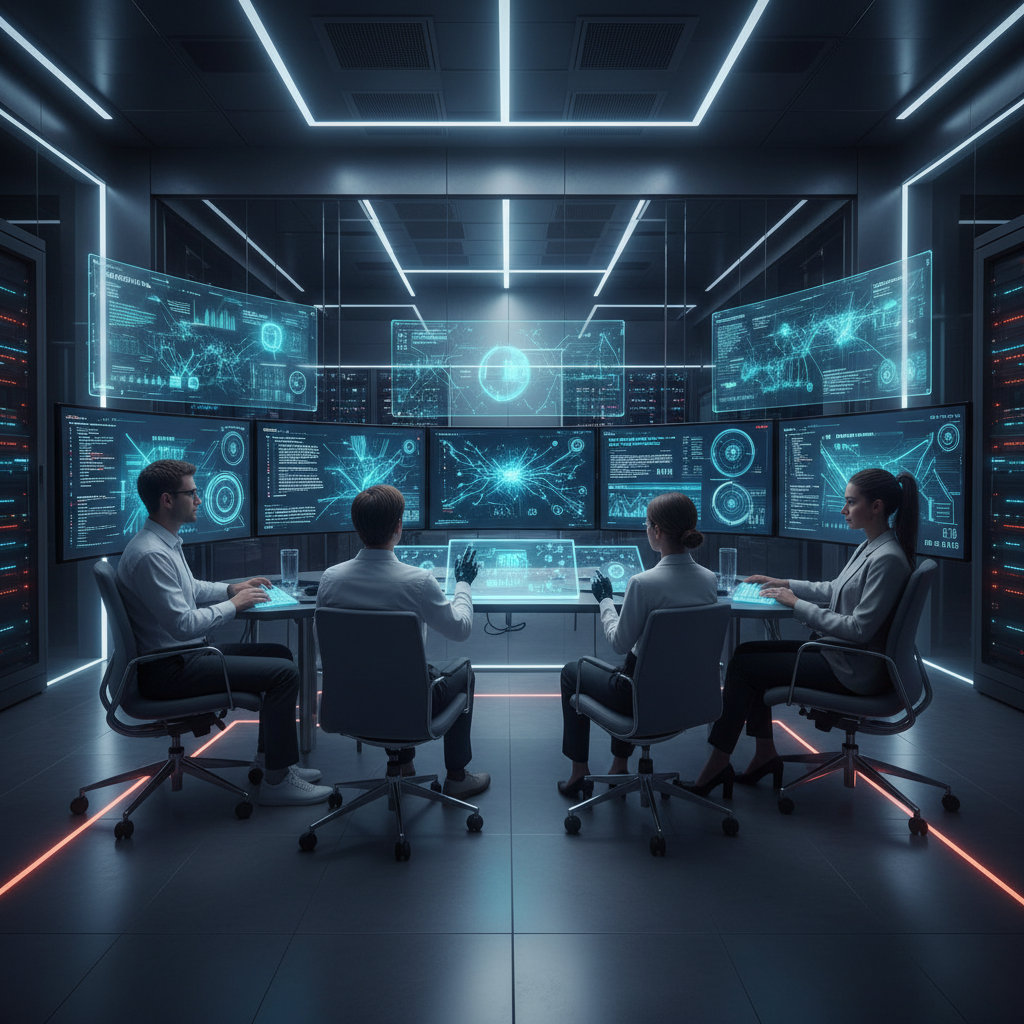 AI development team testing models on large monitors, futuristic digital interface visuals, modern lab-like office
