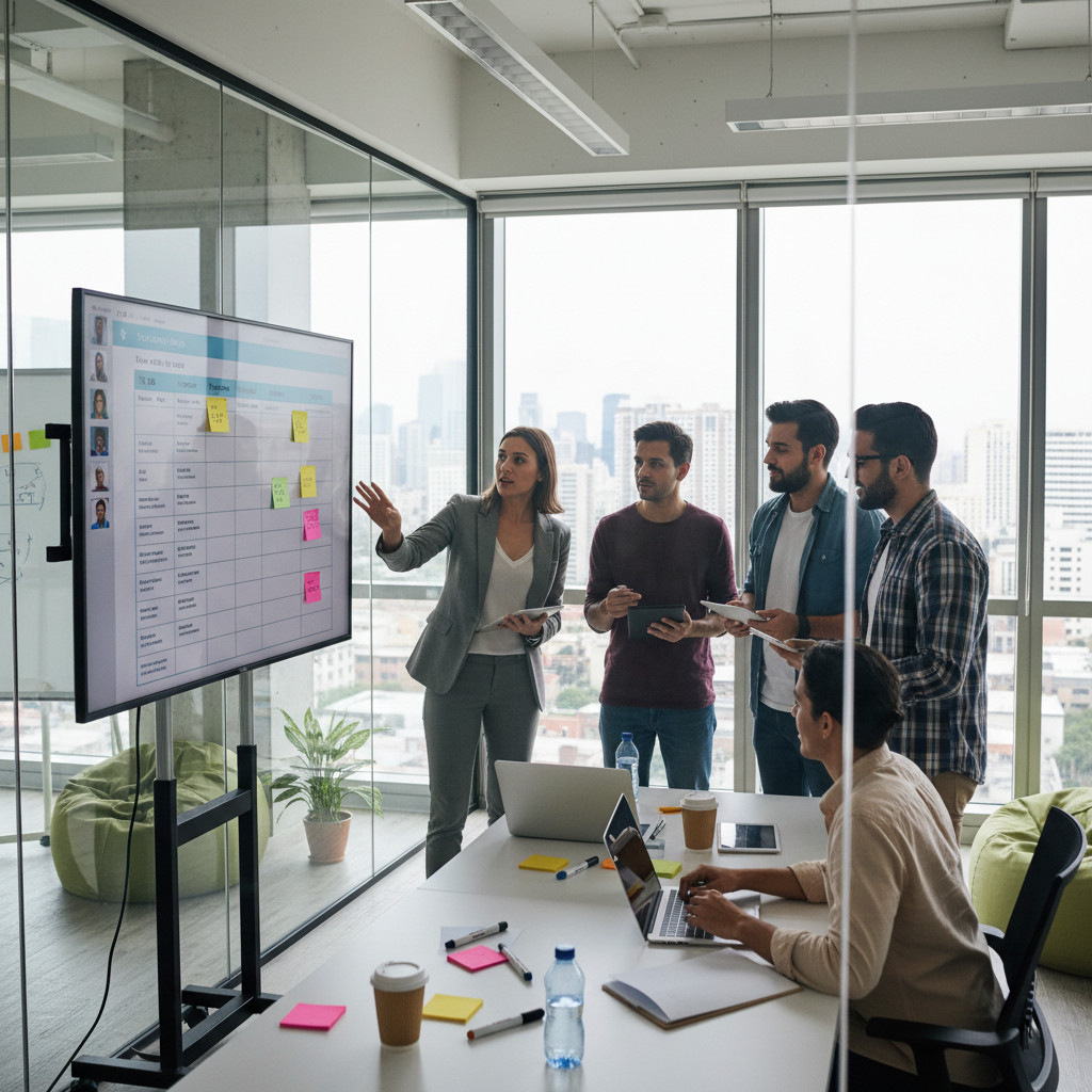 Agile scrum meeting with developers and product owner, sprint board, transparent glass office room, teamwork-focused dynamic atmosphere