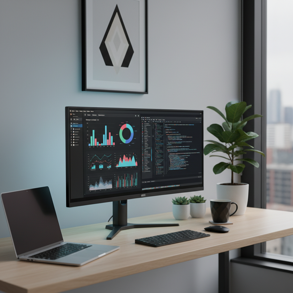 Clean and minimal IT office desk setup with laptop, monitor showing analytics and code, coffee mug, indoor plants, modern professional aesthetic, high-resolution realism