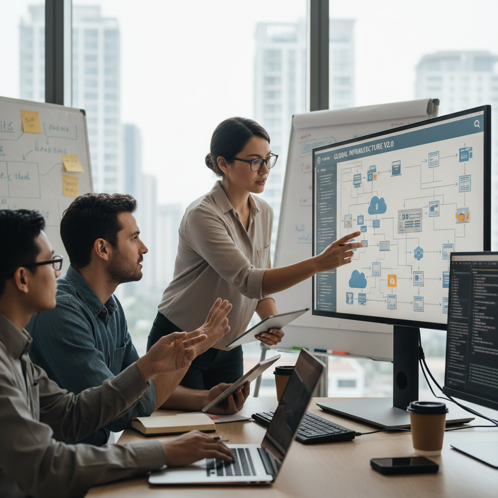 Cloud engineers deploying a new update, reviewing architecture diagrams on a digital screen, teamwork activity.