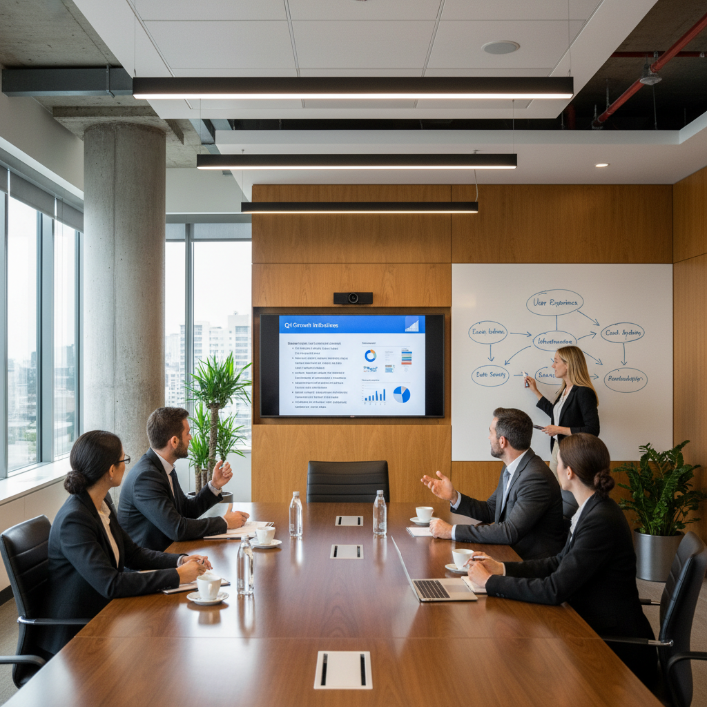 Corporate IT office meeting room, team discussing strategy with presentations on a screen, whiteboard with diagrams, professional business setting, modern interior, realistic photography