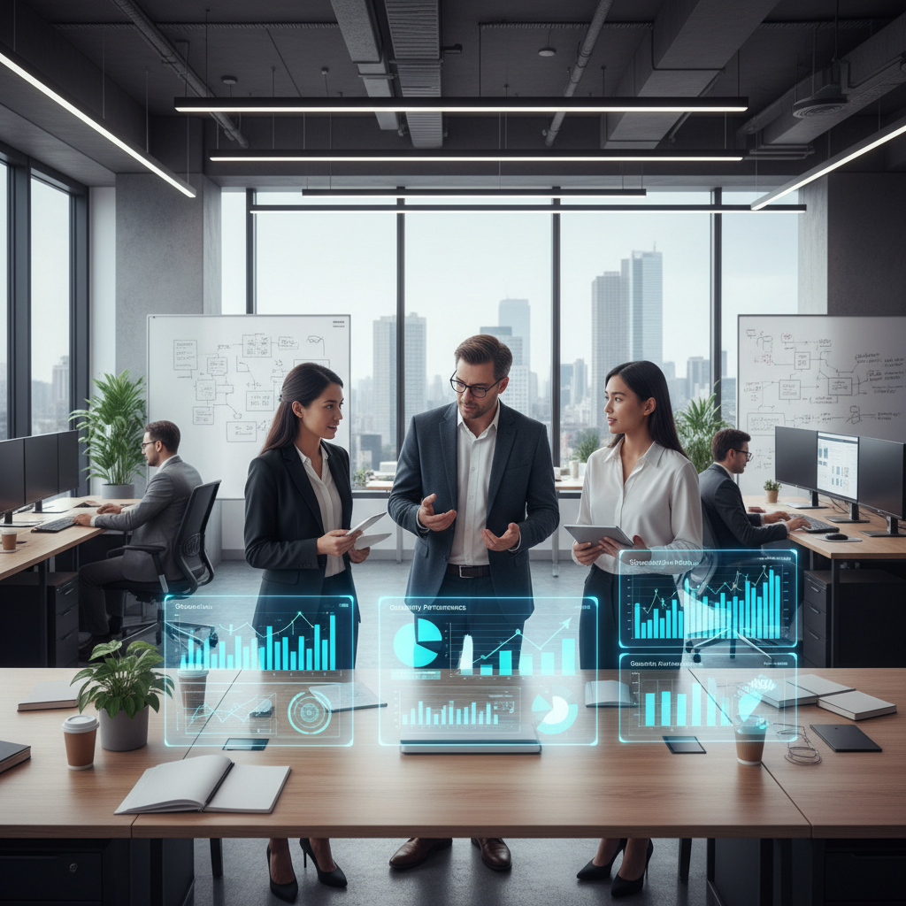 “Data analysts examining graphs and dashboards, modern office with clean design, active discussion.