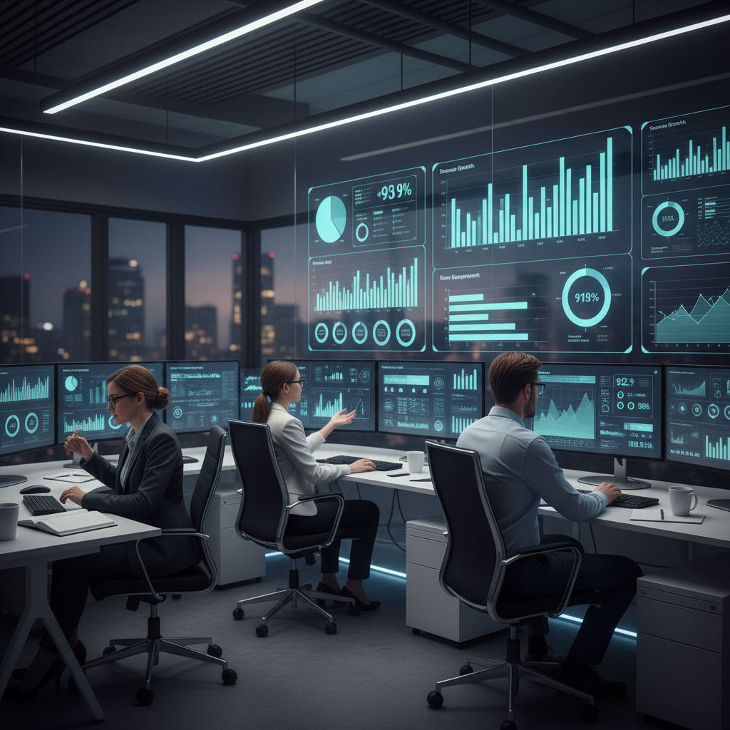 Data analysts in an IT office analyzing dashboards on large screens, charts, graphs, and KPIs visible, professional environment, calm and focused mood, ultra-realistic style