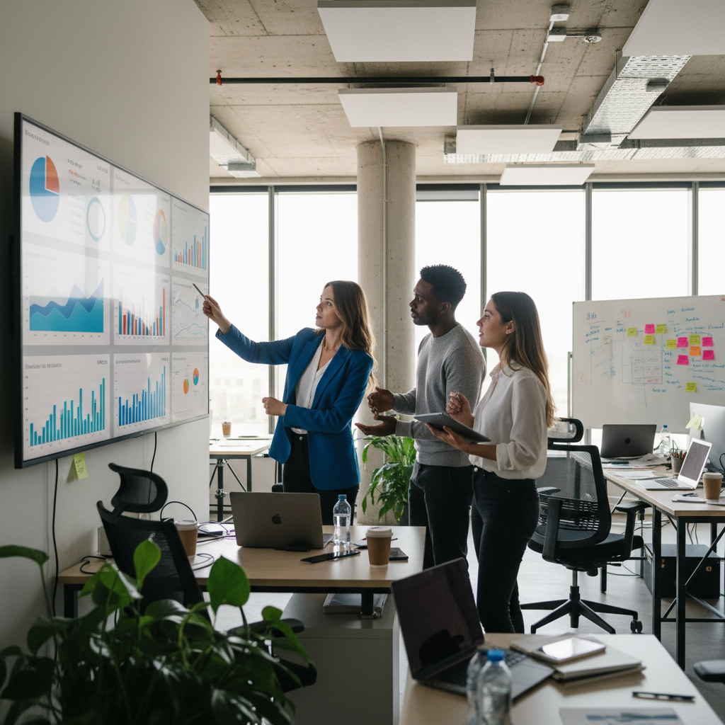 Data analysts reviewing dashboards together, pointing at graphs on a large monitor, collaborative workspace.