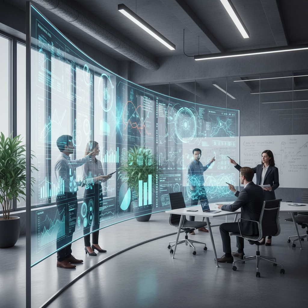 Data scientists analyzing dashboards on large screens, graphs and AI models visible, clean tech office
