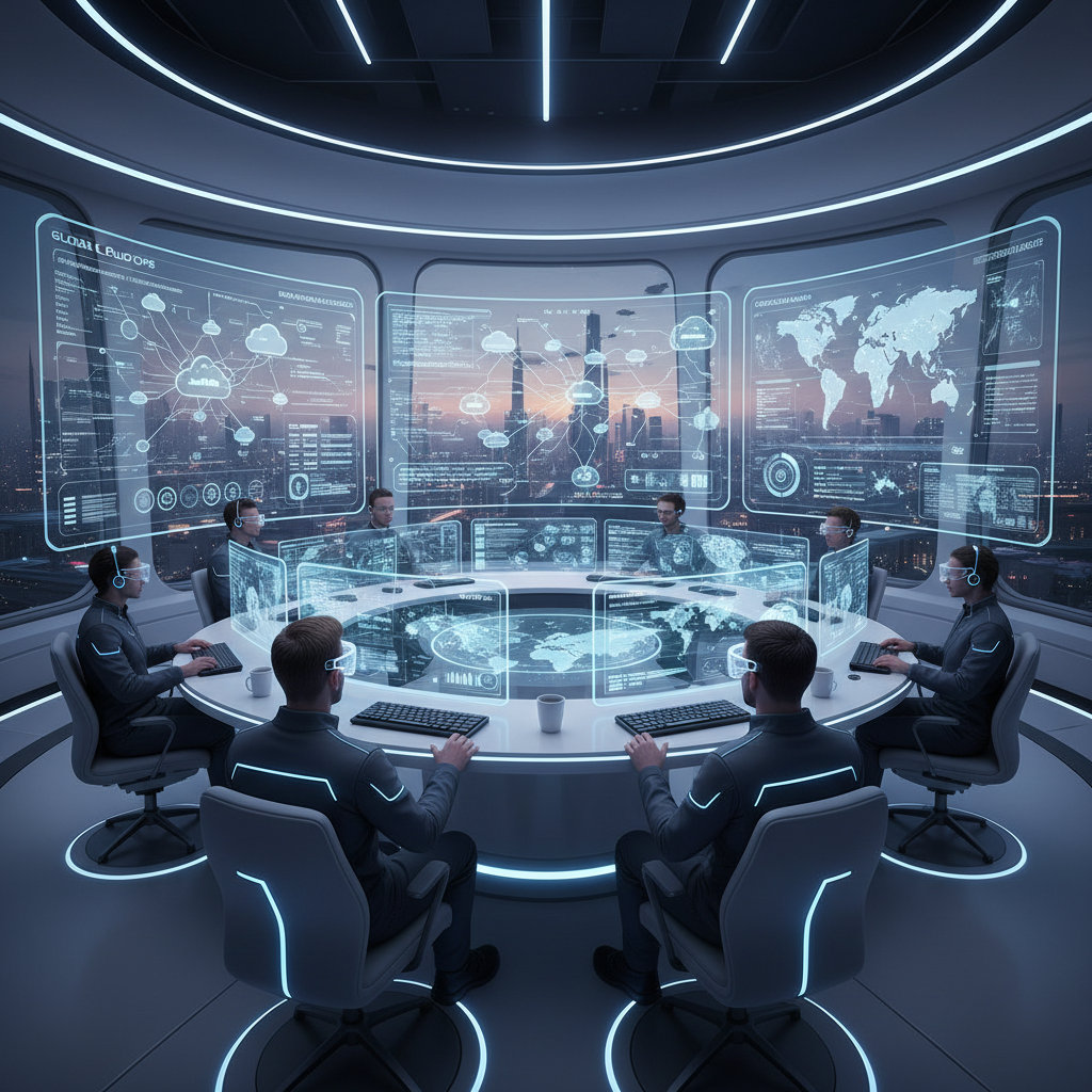 DevOps engineers monitoring cloud infrastructure dashboards on large screens inside a tech office, futuristic feel